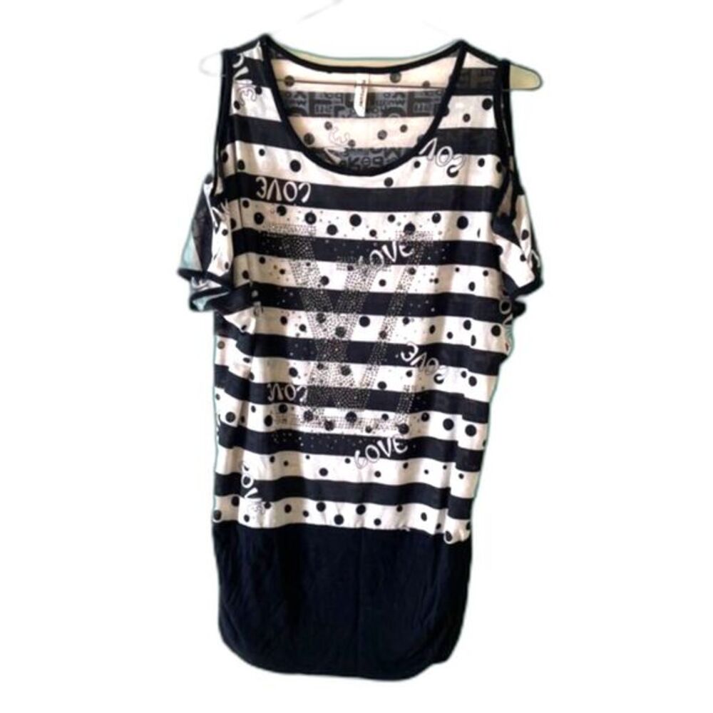 Black and‎ White Stripes and Spots Blouse Cut Out Shoulder LOVE LV Gems